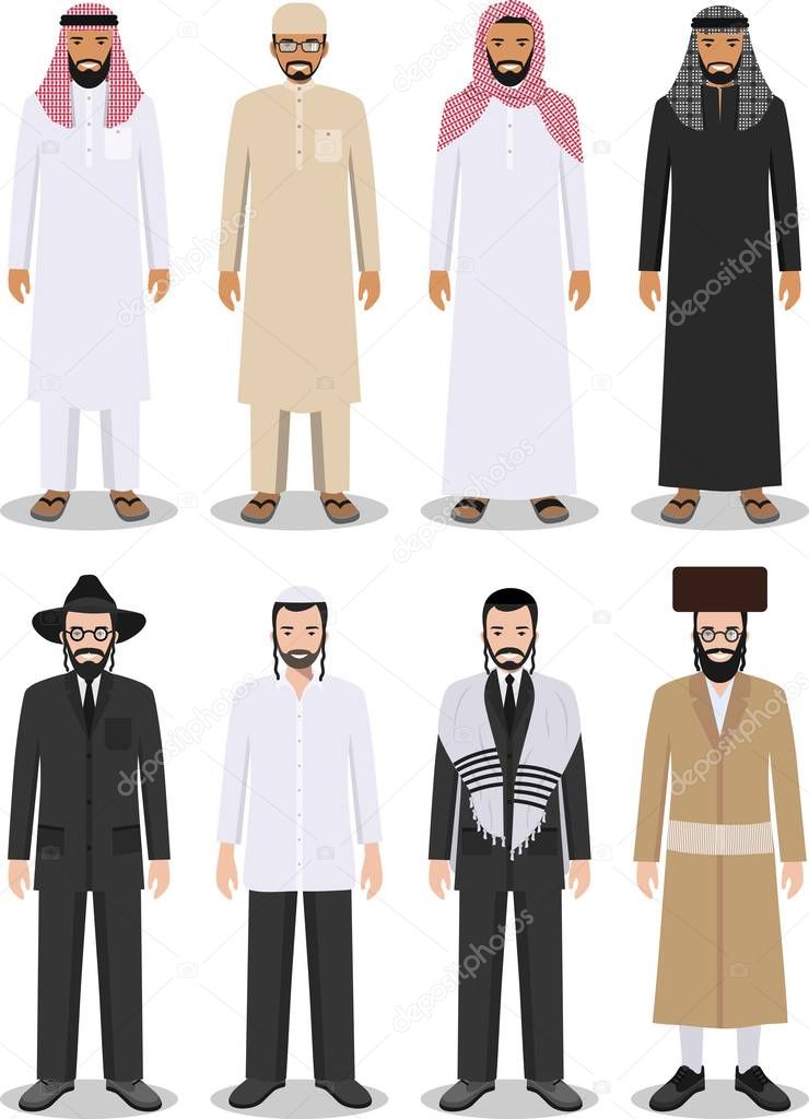 Conjunto de diferentes homens árabes e judeus em pé na roupa