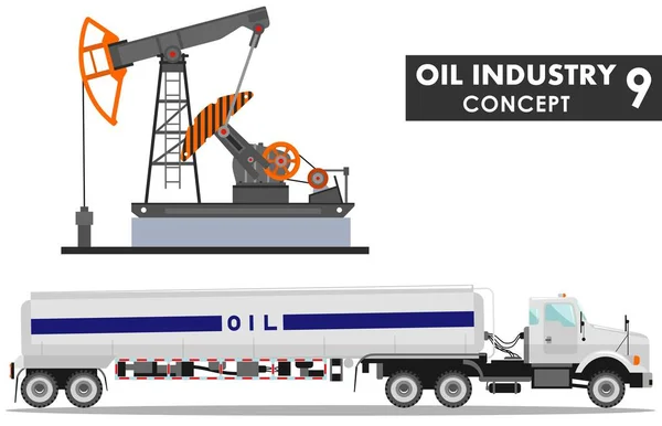 Olie industrie concept. Gedetailleerde illustratie van benzine truck en olie pomp in vlakke stijl op witte achtergrond. Vectorillustratie. — Stockvector