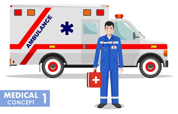 Concepto médico. Ilustración detallada del médico de urgencias y el coche ambulancia en estilo plano sobre fondo blanco. Ilustración vectorial . — Vector de stock