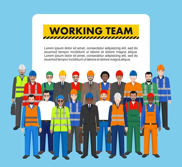 Group of worker, builder and engineer standing together on blue background in flat style. Working team and teamwork concept. Different nationalities and dress styles. Flat design people characters. — Stock Vector