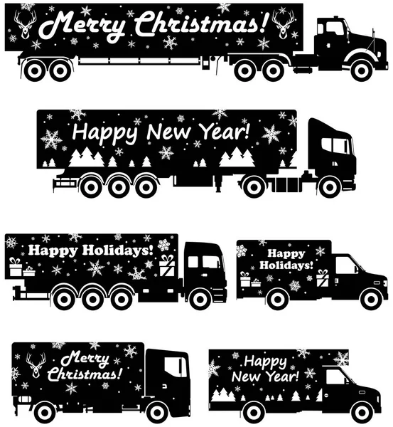 Christmas and New Year delivery. Set of different silhouettes of delivery trucks on white background. Vector illustration. — Stock Vector