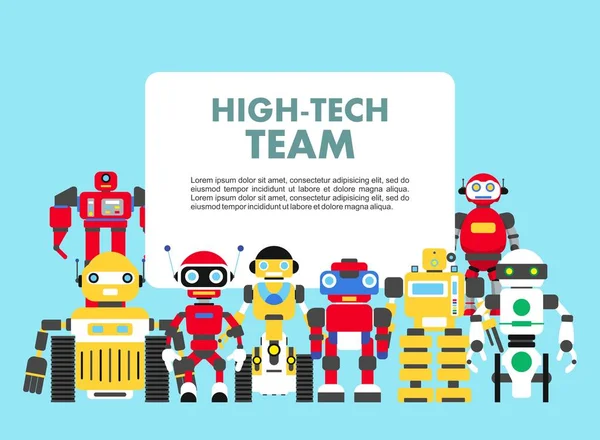 Grupo de diferentes robots abstractos de pie juntos sobre fondo azul en estilo plano. Concepto de equipo de alta tecnología. Personajes de diseño plano. Ilustración vectorial . — Archivo Imágenes Vectoriales