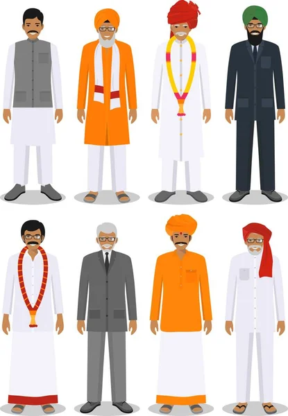 Set of different standing indian old and young men in the traditional clothing isolated on white background in flat style. Differences people in the east dress. Vector illustration. — Stock Vector