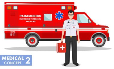 Tıbbi kavramı. Acil doktor adam ve ambulans araba beyaz arka plan üzerinde düz stilde detaylı Illustration. Vektör çizim.