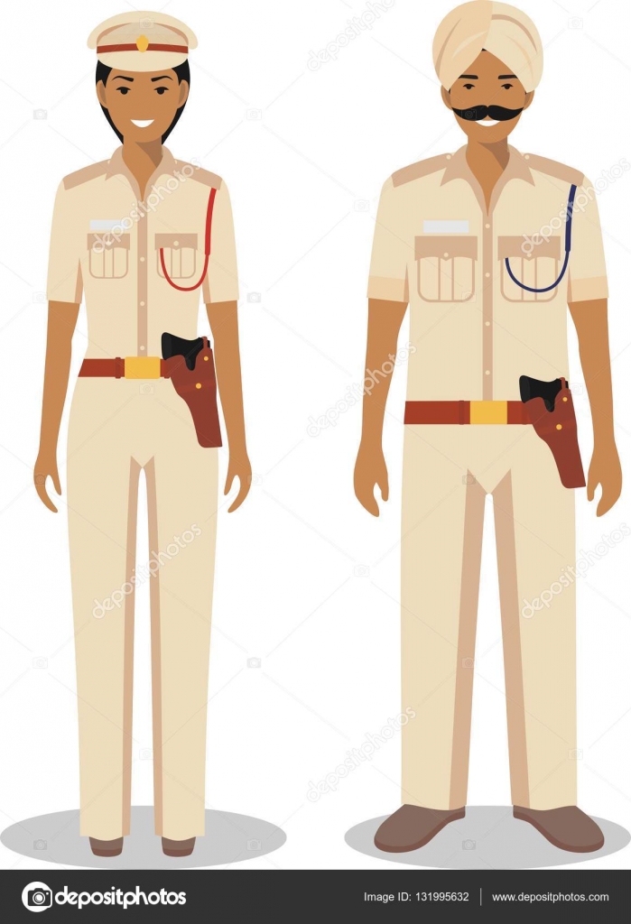Couple of indian policeman and policewoman standing together on white  background in flat style. Police concept. Flat design people characters.  Vector illustration. Stock Vector Image by ©yustus #131995632