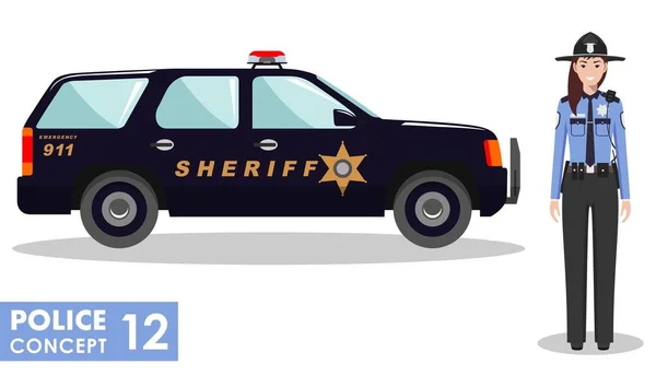Policista koncept. Detailní ilustrace policistka důstojník a policejní auto v ploché styl na bílém pozadí. Vektorové ilustrace. — Stockový vektor