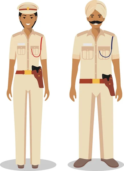 Paar indischer Polizisten und Polizistinnen, die zusammen auf weißem Hintergrund in flachem Stil stehen. Polizeikonzept. flache Design Menschen Charaktere. Vektorillustration. — Stockvektor