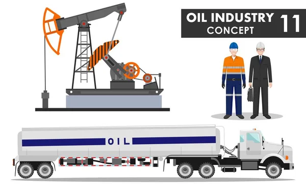 Концепция нефтяной промышленности. Детальная иллюстрация бензовоза, нефтяного насоса, бизнесмена, инженера и рабочего в плоском стиле на белом фоне. Векторная иллюстрация . — стоковый вектор