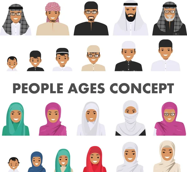 Различные мусульманские арабские персонажи аватары иконы установлены в плоском стиле изолированы на белом фоне. Различия между исламскими сауди-арабиками, улыбающимися лицами в традиционной одежде. Вектор . — стоковый вектор