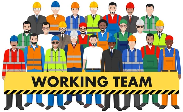 Gruppo di lavoratori, costruttore e ingegnere in piedi insieme su sfondo bianco in stile piatto. Gruppo di lavoro e concetto di lavoro di squadra. Diverse nazionalità e stili di abbigliamento. Design piatto persone personaggi . — Vettoriale Stock