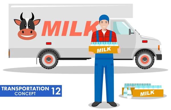 Conceito de transporte. Ilustração detalhada do motorista, agricultor e caminhão de leite sobre fundo branco em estilo plano. Ilustração vetorial . —  Vetores de Stock