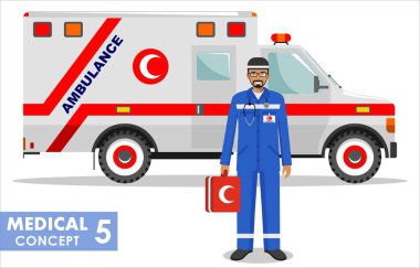 Tıbbi kavramı. Müslüman acil doktor adam ve ambulans araba beyaz arka plan üzerinde düz stilde detaylı Illustration. Vektör çizim.