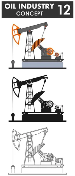 Ölindustrie-Konzept. Ölpumpen verschiedener Art isoliert auf weißem Hintergrund in flachem Stil: farbig, schwarze Silhouette und Kontur. Vektorillustration. — Stockvektor