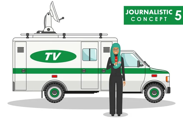 Journalistic concept. Detailed illustration of muslim woman reporter and TV or news car in flat style on white background. Vector illustration. — Stock Vector