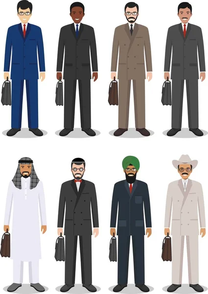 Business team and teamwork concept. Set of different detailed illustration of businessmen in flat style on white background. Different nationalities and dress styles. Vector illustration. — Stock Vector