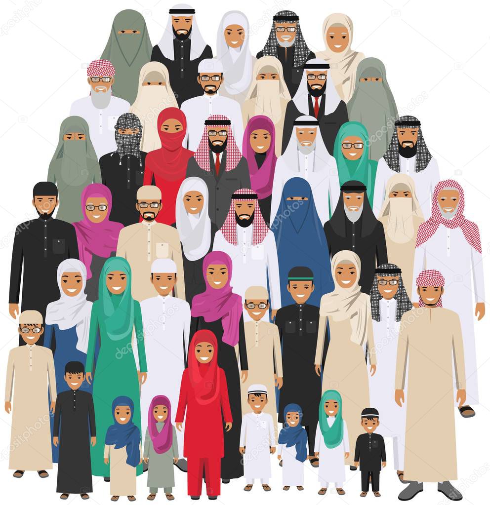 Family and social concept. Arab person generations at different ages. Group young and old muslim people standing together in different traditional islamic clothes on white background in flat style.