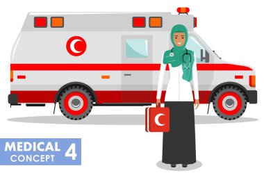 Tıbbi kavramı. Müslüman Arap acil doktor kadın ve ambulans araba beyaz arka plan üzerinde düz stilde detaylı Illustration. Vektör çizim.