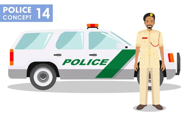 Polis kavramı. Arap Müslüman polis memuru ve polis araba beyaz arka plan üzerinde düz stilde detaylı Illustration. Vektör çizim. — Stok Vektör