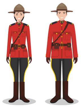 Couple of canadian policeman and policewoman in traditional red uniforms standing together on white background in flat style. Police concept. Flat design people characters. Vector illustration. clipart