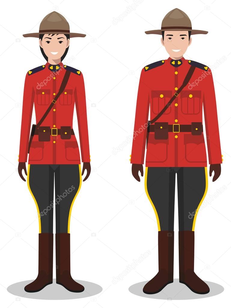 Couple of canadian policeman and policewoman in traditional red uniforms standing together on white background in flat style. Police concept. Flat design people characters. Vector illustration.