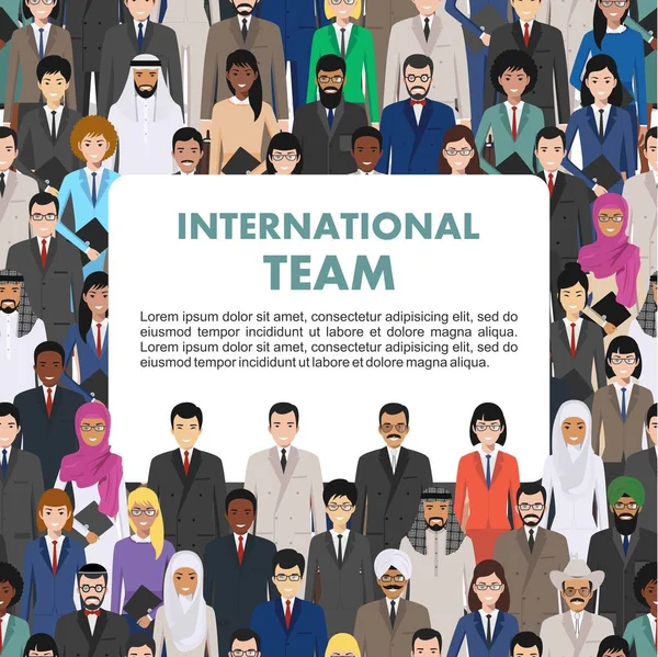 Seamless pattern social, teamwork and business team concept of people communication in flat style. Group of businessmen and businesswomen standing together. Different nationalities and dress styles. — Stock Vector