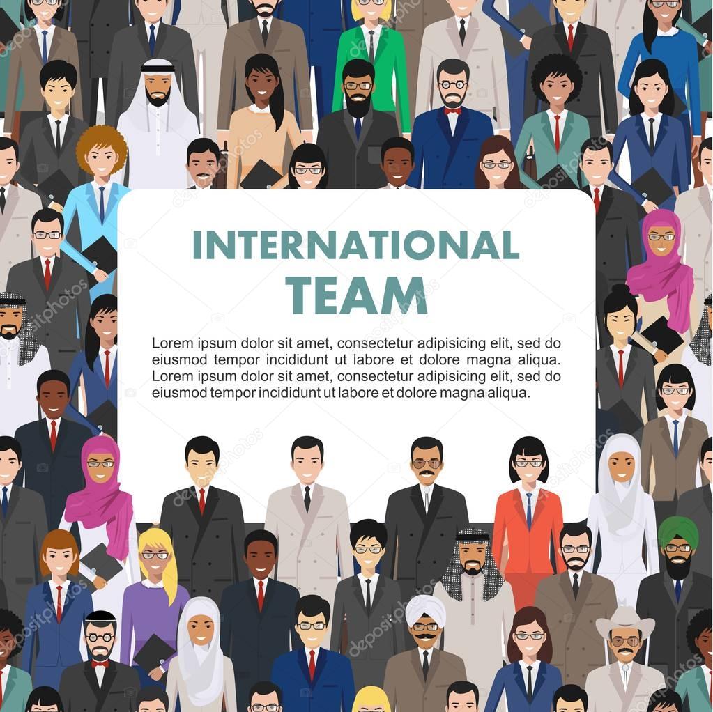 Seamless pattern social, teamwork and business team concept of people communication in flat style. Group of businessmen and businesswomen standing together. Different nationalities and dress styles.