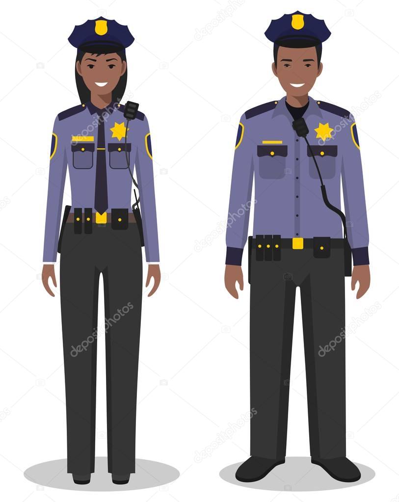 Couple of african american policeman and policewoman standing together on white background in flat style. Police USA concept. Flat design people characters. Vector illustration.