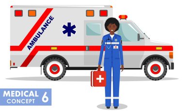 Tıbbi kavramı. Afro-Amerikan acil doktor kadın ve ambulans araba beyaz arka plan üzerinde düz stilde detaylı Illustration. Vektör çizim.