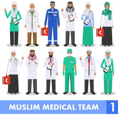 Tıbbi kavramı. Müslüman Arap doktor ve hemşireler beyaz arka plan üzerinde izole düz stilde detaylı Illustration. Uygulayıcı Arap doktorlar erkek ve kadın ayakta. Vektör çizim.