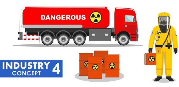 Industrin koncept. Detaljerad illustration av cisternen lastbil transporterar kemiska, radioaktiva, giftiga, farliga ämnen och arbetare i skyddsdräkt på vit bakgrund i platt stil. Vektor — Stock vektor