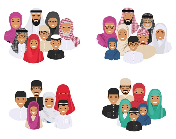 Familienkonzept. Araber Generationen in verschiedenen Altersgruppen. Muslimischer Vater, Mutter, Großmutter, Großvater, Sohn und Tochter in traditioneller islamischer Kleidung. verschiedene Männer Charaktere Avatare Icons gesetzt. — Stockvektor