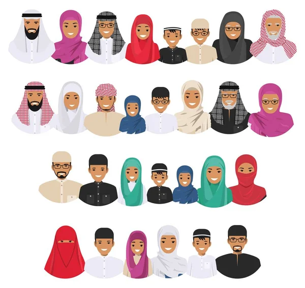Koncepce. Arabové generace v různém věku. Muslimský otec, matka, Babička, dědeček, syn a dcera v tradiční islámské oblečení. Jiný muž postavy avatary ikony nastavit. — Stockový vektor