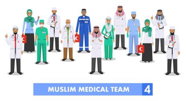 Tıbbi kavramı. Müslüman Arap doktor ve hemşireler beyaz arka plan üzerinde izole düz stilde detaylı Illustration. Uygulayıcı Arap doktorlar erkek ve kadın ayakta. Vektör çizim.