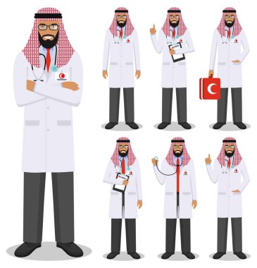 Tıbbi kavramı. Detaylı illüstrasyon izole beyaz arka plan üzerinde düz stil genç Müslüman Arap hekimlerin. Farklı pozisyonlarda ayakta Uygulayıcı Arapça doktor adam. Vektör çizim.