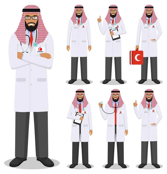 Lékařská koncepce. Detailní ilustrace mladých muslimských arabský lékařů v plochý izolovaných na bílém pozadí. Praktický lékař Arabský lékař muž stál v různých polohách. Vektorové ilustrace. — Stockový vektor