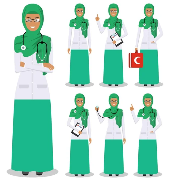 Konsep medis. Ilustrasi rinci dari dokter muda muslim arab dengan gaya datar diisolasi dengan latar belakang putih. Praktisi dokter Arab berdiri di posisi yang berbeda. Ilustrasi vektor . - Stok Vektor