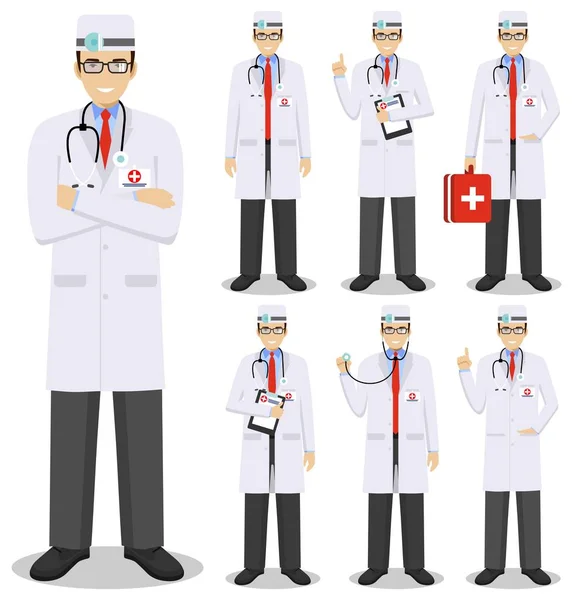 Medical concept. Detailed illustration of american european doctors in flat style isolated on white background. Practitioner doctor man standing in different positions. Vector illustration. — Stock Vector