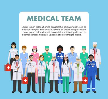 Tıbbi kavramı. Doktor ve hemşireler düz stil üzerinde mavi arka plan izole detaylı Illustration. Pratisyen doktor erkek ve kadın farklı pozisyonlarda ayakta. Vektör çizim.