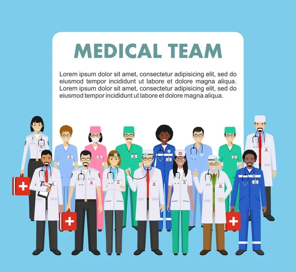 Medical concept. Detailed illustration of doctor and nurses in flat style isolated on blue background. Practitioner doctors man and woman standing in different positions. Vector illustration. — Stock Vector