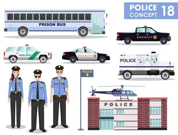 Rendőrség koncepció. Részletes illusztráció, rendőrség, rendőr, sheriff, börtön busz, helikopter, páncélozott Gabor teherautó és lapos stílusú fehér alapon car. Vektoros illusztráció. — Stock Vector