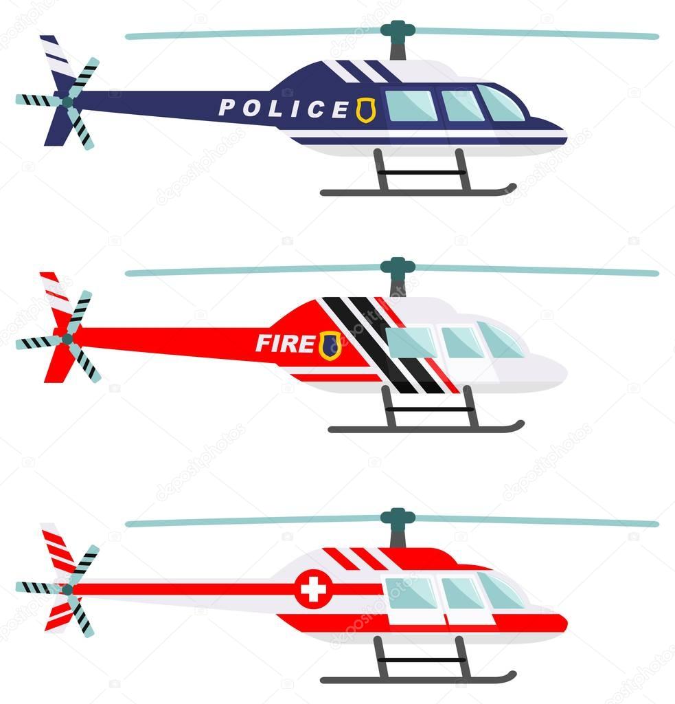 Emergency concept. Detailed illustration of medical, police and fire helicopter in flat style on white background. Vector illustration.