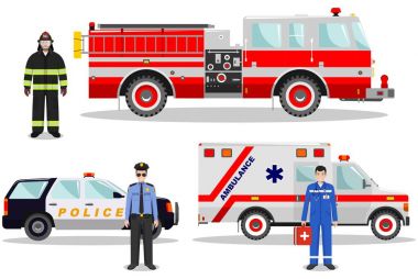 Acil durum kavramı. İtfaiyeci, Doktor, polis yangın kamyon, ambulans ve polis araba beyaz arka plan üzerinde düz tarzı ile detaylı Illustration. Vektör çizim.