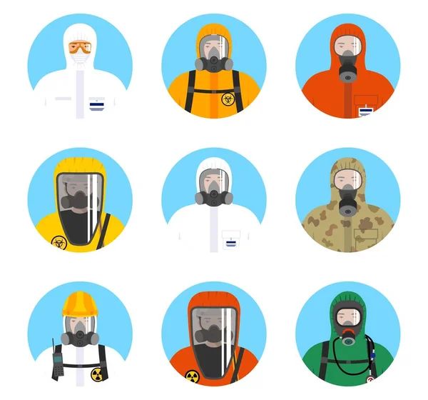 Conjunto de iconos de la industria química. Diferentes trabajadores en trajes de protección en estilo plano aislados sobre fondo azul. Profesión peligrosa. Ilustración vectorial . — Vector de stock