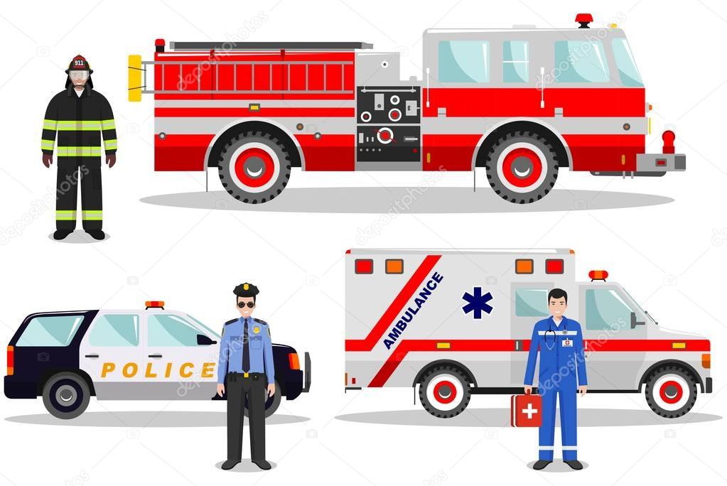 Emergency concept. Detailed illustration of firefighter, doctor, policeman with fire truck, ambulance and police car in flat style on white background. Vector illustration.