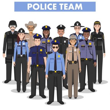 Polis insanlar kavramı. Swat memur, polis, polis ve beyaz arka plan üzerinde düz stil Şerif detaylı Illustration. Vektör çizim.