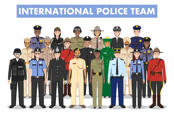 国际警察人们观念。斯瓦特官、 警察、 女警察和治安官在白色背景上的平面样式的详细的说明。矢量图. — 图库矢量图片