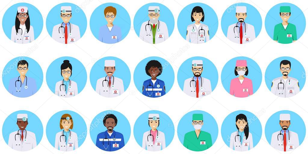 Medical concept. Different doctors, nurses characters avatars icons set in flat style isolated on blue background. Differences medical persons smiling faces. Vector illustration.