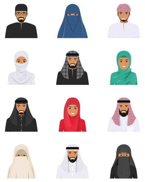 Different muslim arab people characters avatars icons set in flat style isolated on white background. Differences islamic saudi arabic ethnic persons smiling faces in traditional clothing. Vector. — Stock Vector