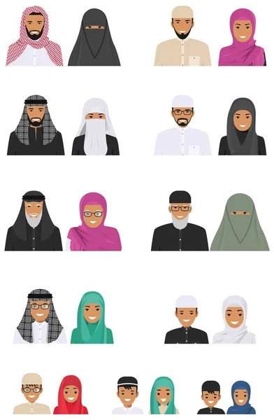 Familie concept. Arabische mensen generaties op verschillende leeftijden. Islamitische vader, moeder, grootmoeder, grootvader, zoon en dochter in traditionele islamitische kleding. Andere man tekens avatars pictogrammen instellen. — Stockvector