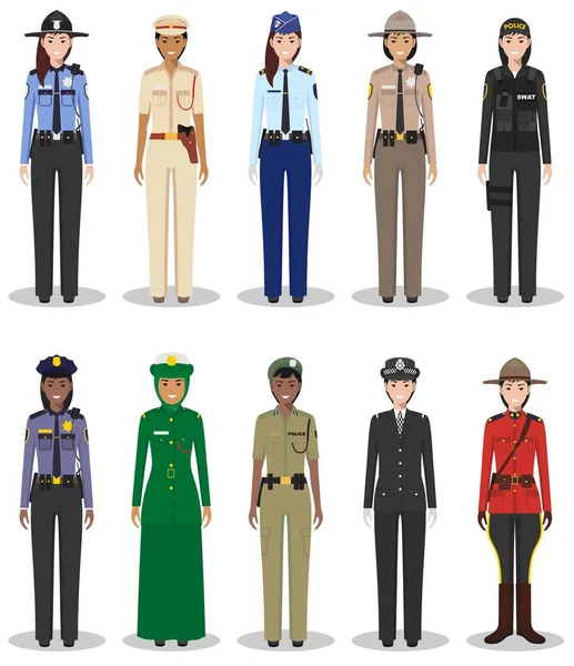 Nemzetközi rendőrségi fogalmának. Készlet különböző részletes illusztrációk, a seriff, a csendőr és a rendőrnő lapos stílusú fehér alapon. Vektoros illusztráció. — Stock Vector
